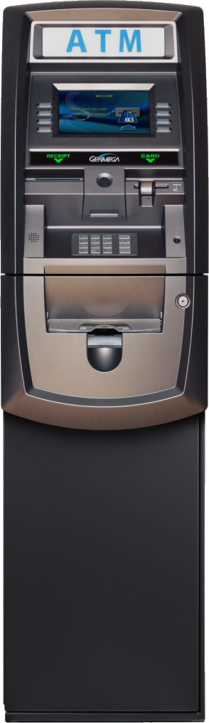 A complete Genmega G2500 ATM seen front on, from the lit topper down to the floor-standing cabinet.