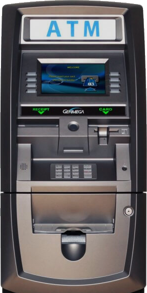 The upper half of a Genmega G2500: lit ATM sign, colour display with function keys either side, receipt and card slots, keypad and cash door.