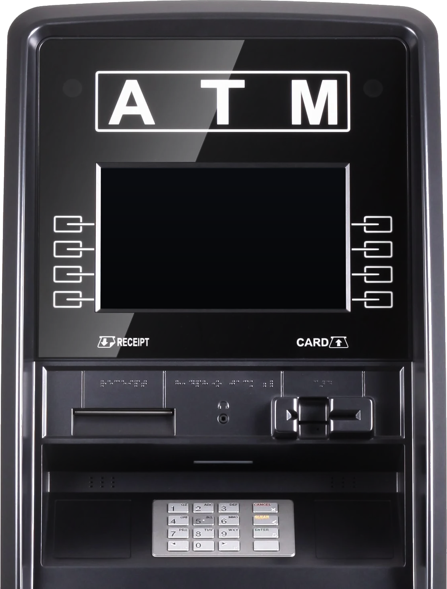 A Genmega Onyx ATM photographed front on: glossy black fascia, lit ATM sign, function keys either side of the display, card reader and keypad.